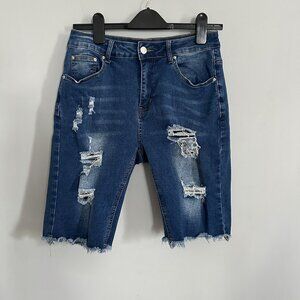 High Rise Distressed Cutoff Bermuda Denim Shorts, Size Medium 28" Waist